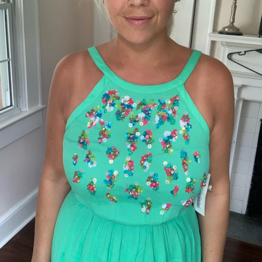 shoshanna dress with fun and bright sequin detail.